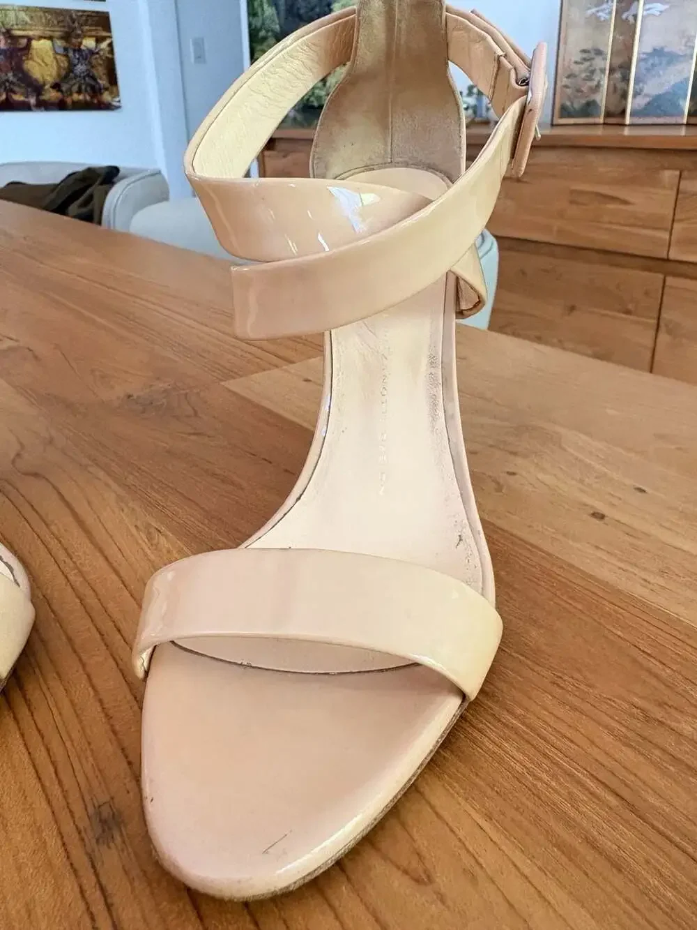 Giuseppe Zanotti Design Beige Patent Leather Cork Wedge Sandals